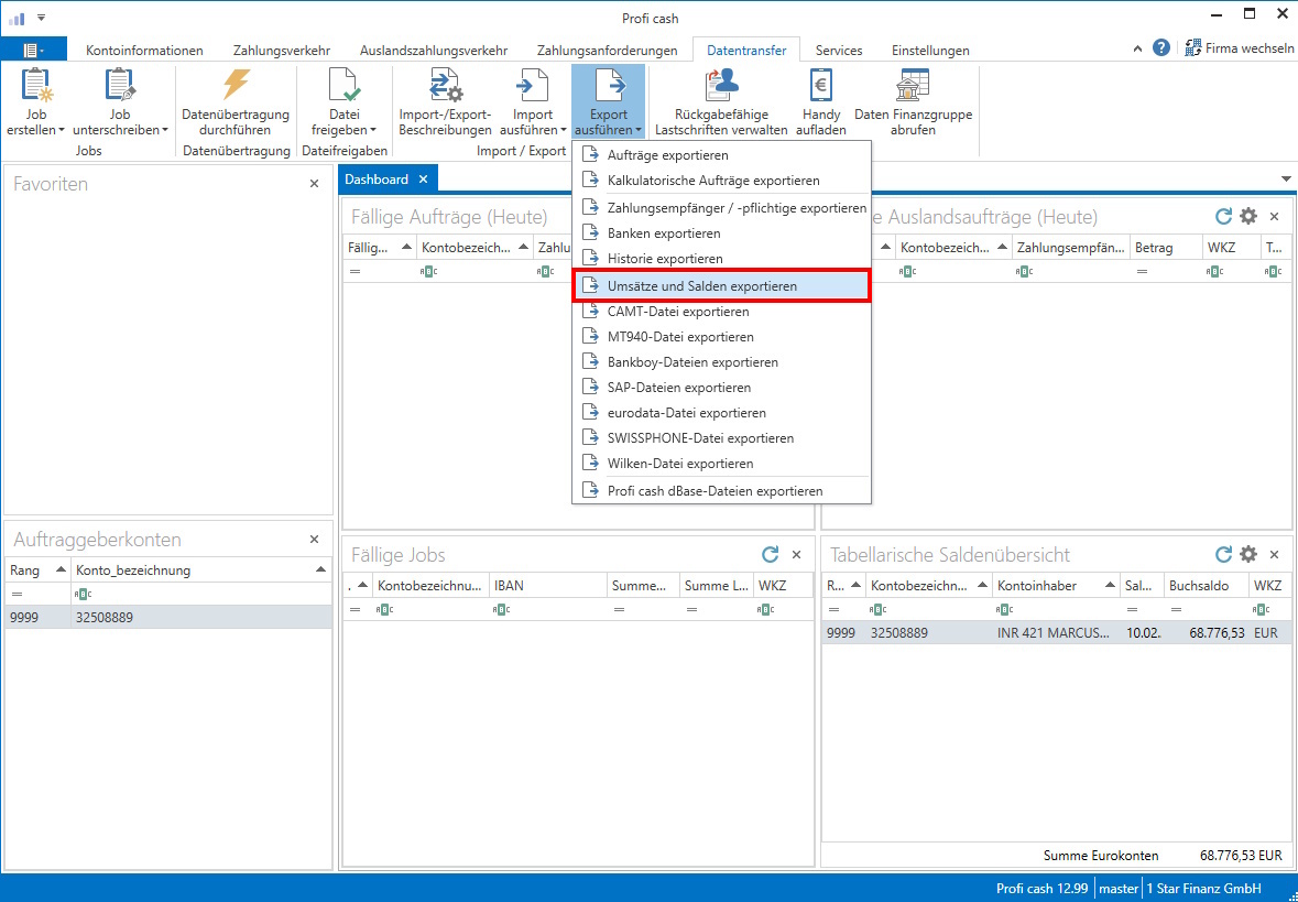 Screenshot Profi cash Exportmenü