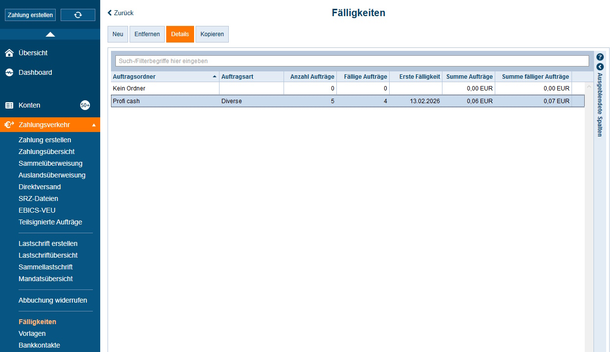 Screenshot Anzeige der Auftragsordner in den Fälligkeiten in StarMoney Business