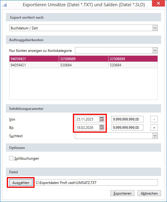 Screenshot Profi cash Export konfigurieren
