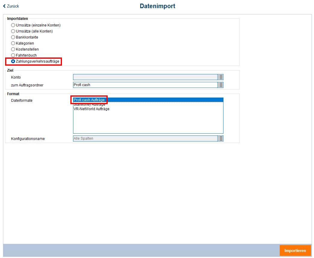 Screenshot Importmenü StarMoney Business