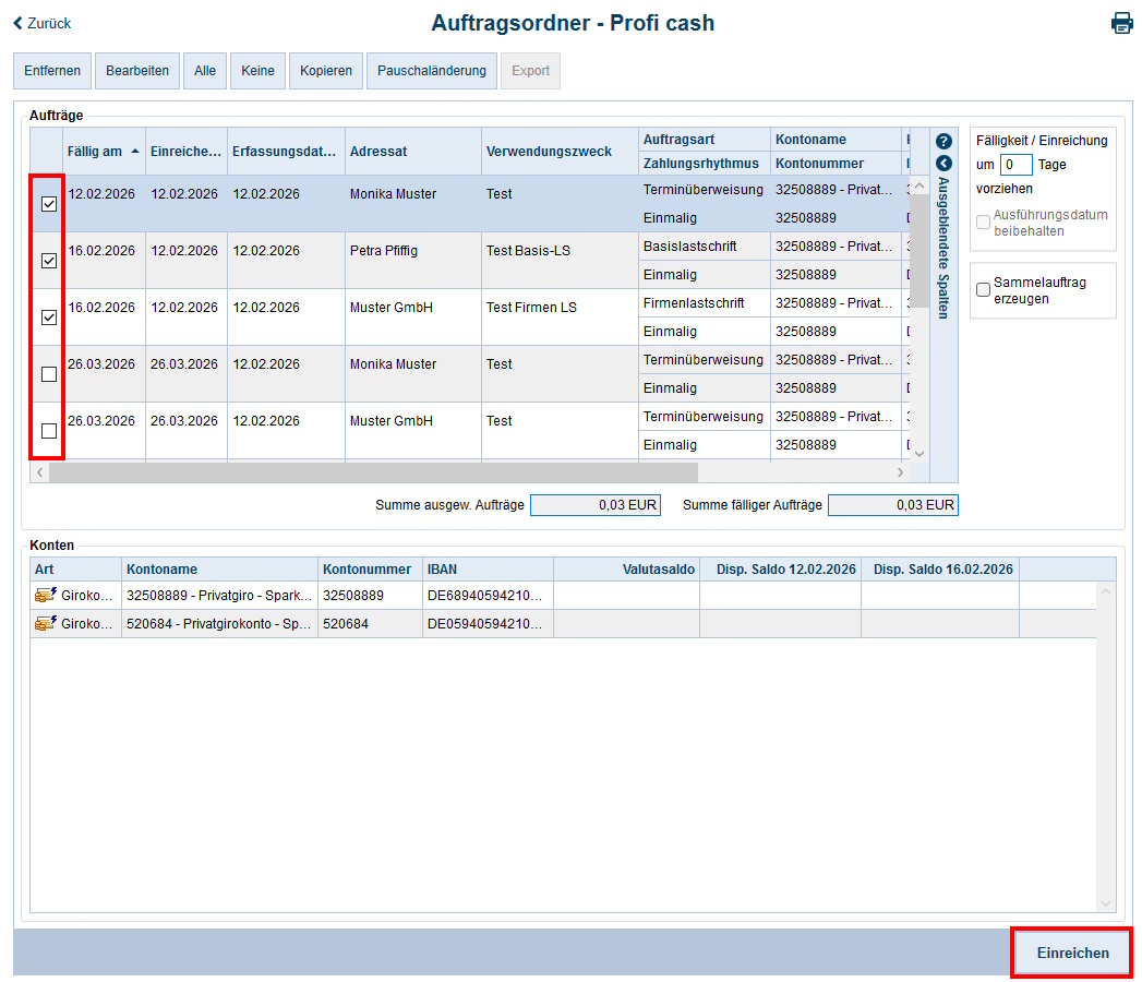 Screenshot Details des Auftragsordners Profi cash in StarMoney Business