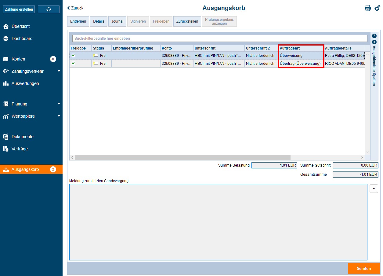 Screenshot Anzeige Ausgangskorb in StarMoney Business