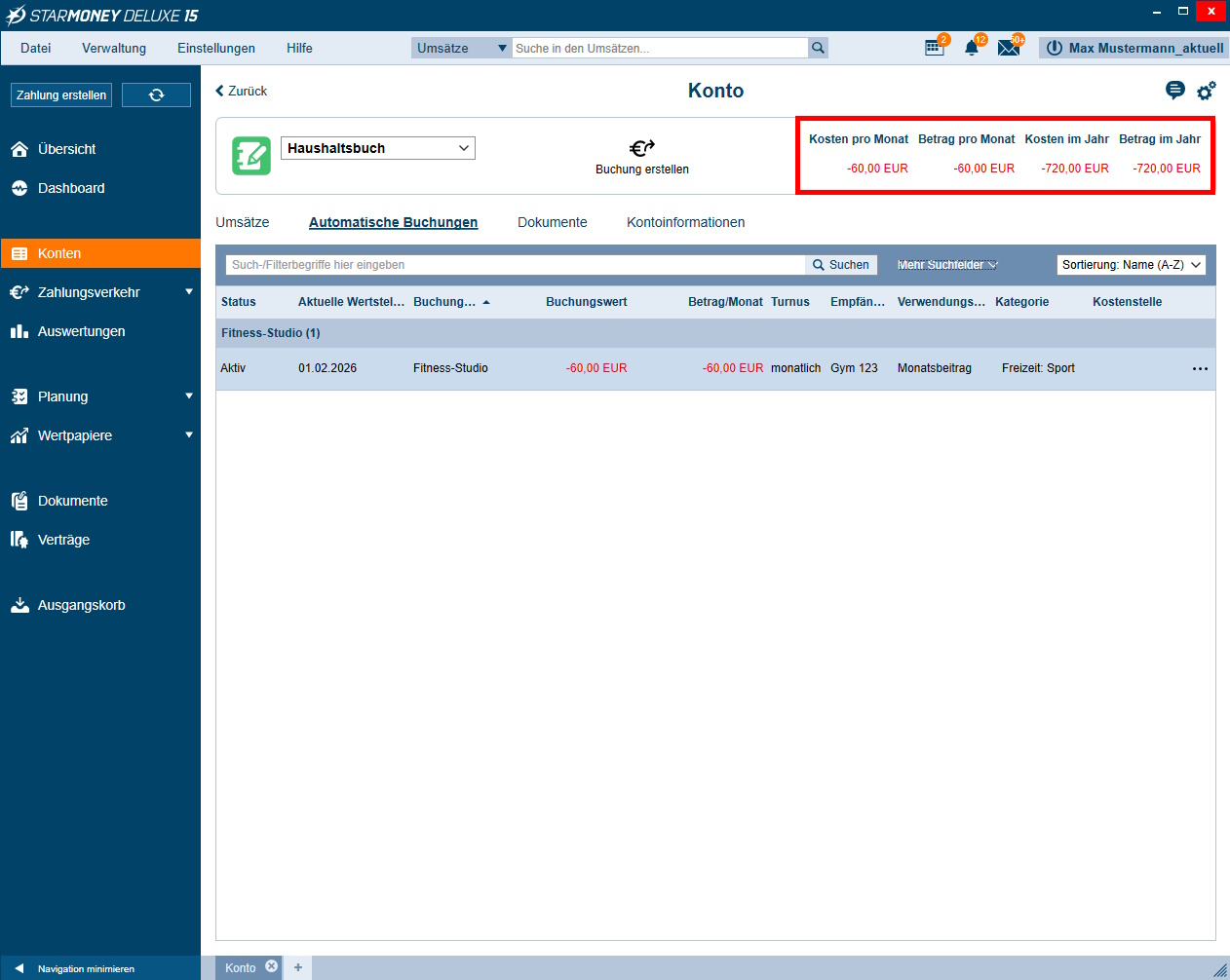 Screenshot StarMoney Ansicht Konto: Haushaltsbuch