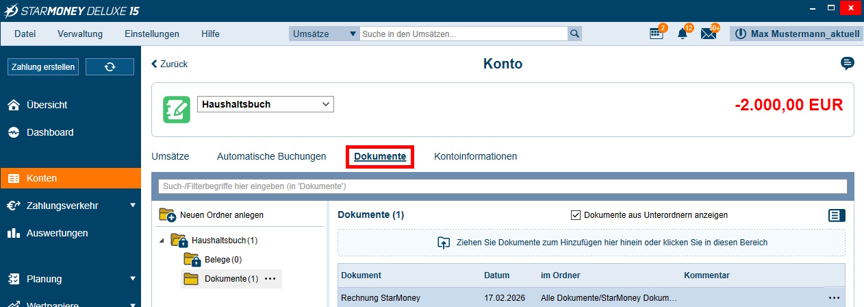 Screenshot Kontenansicht mit Tab-Reiter "Dokumente"