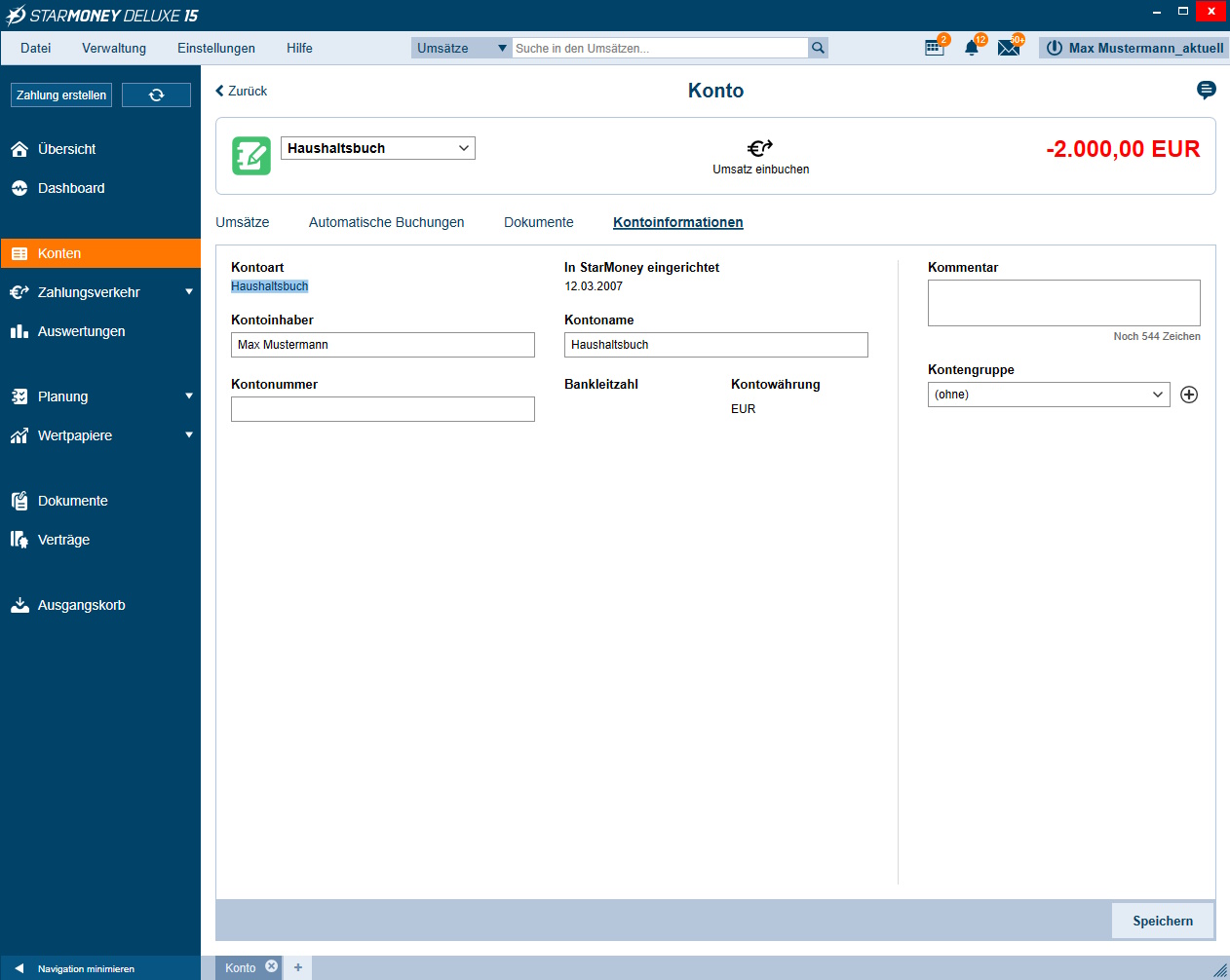 Screenshot der Kontodetails
