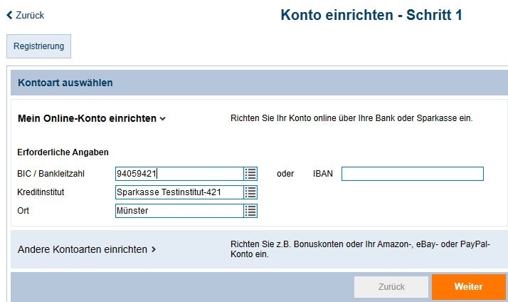 Eingabe Bankleitzahl im Kontoeinrichtungsassistenten