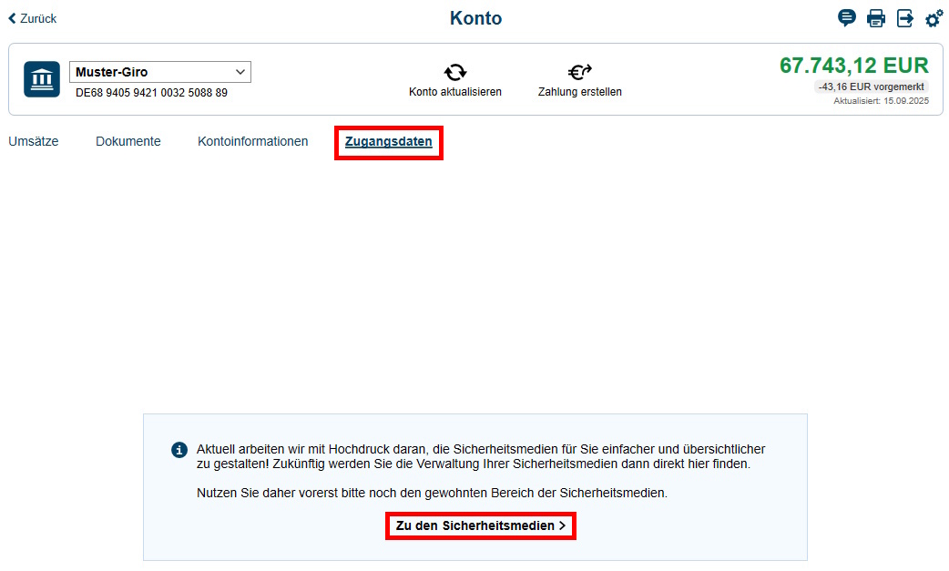 Ansicht der Zwischenseite Zugangsdaten