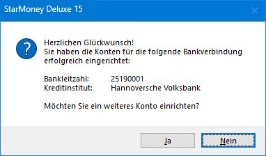 Hinweismeldung zum Abschluss der Kontoeinrichtung
