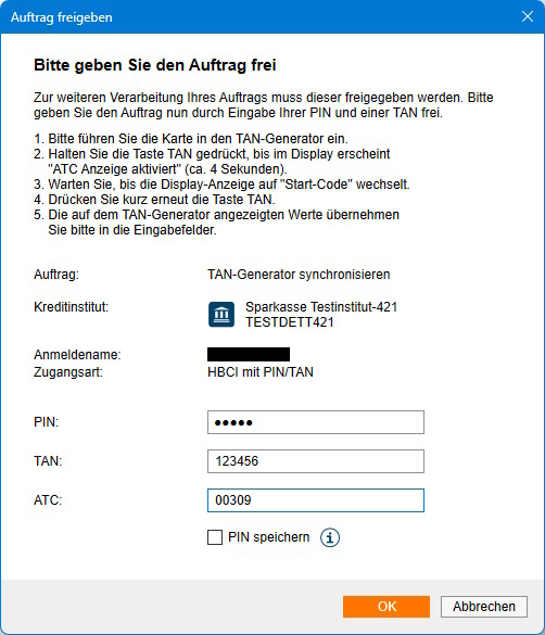 Dialogfenster zur Eingabe von PIN, TAN und ATC für die Synchronisation