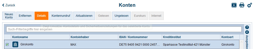 Ansicht: Funktionsleiste Kontenliste_Aufruf Kontodetails