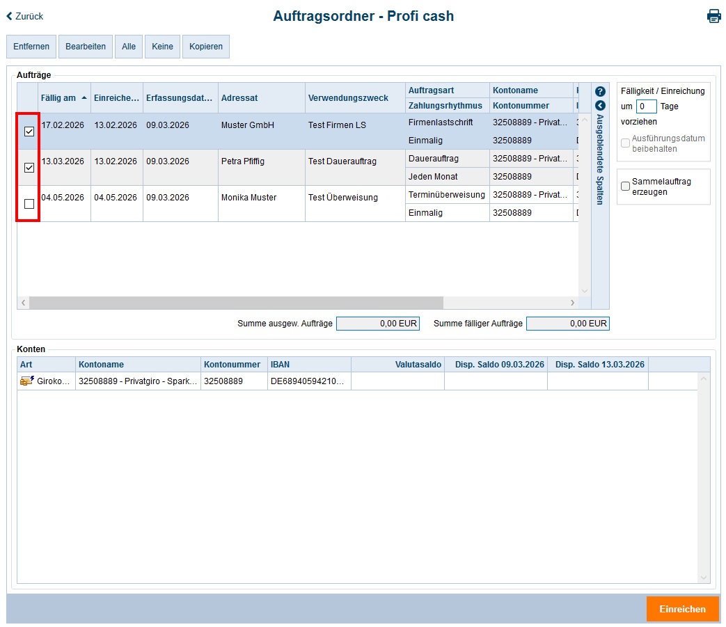 Screenshot Details des Auftragsordners Profi cash in StarMoney Deluxe