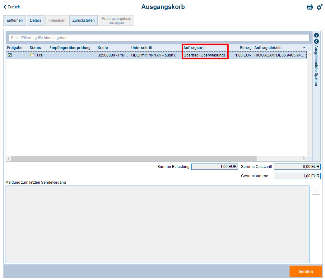 Screenshot Anzeige Ausgangskorb in StarMoney Deluxe
