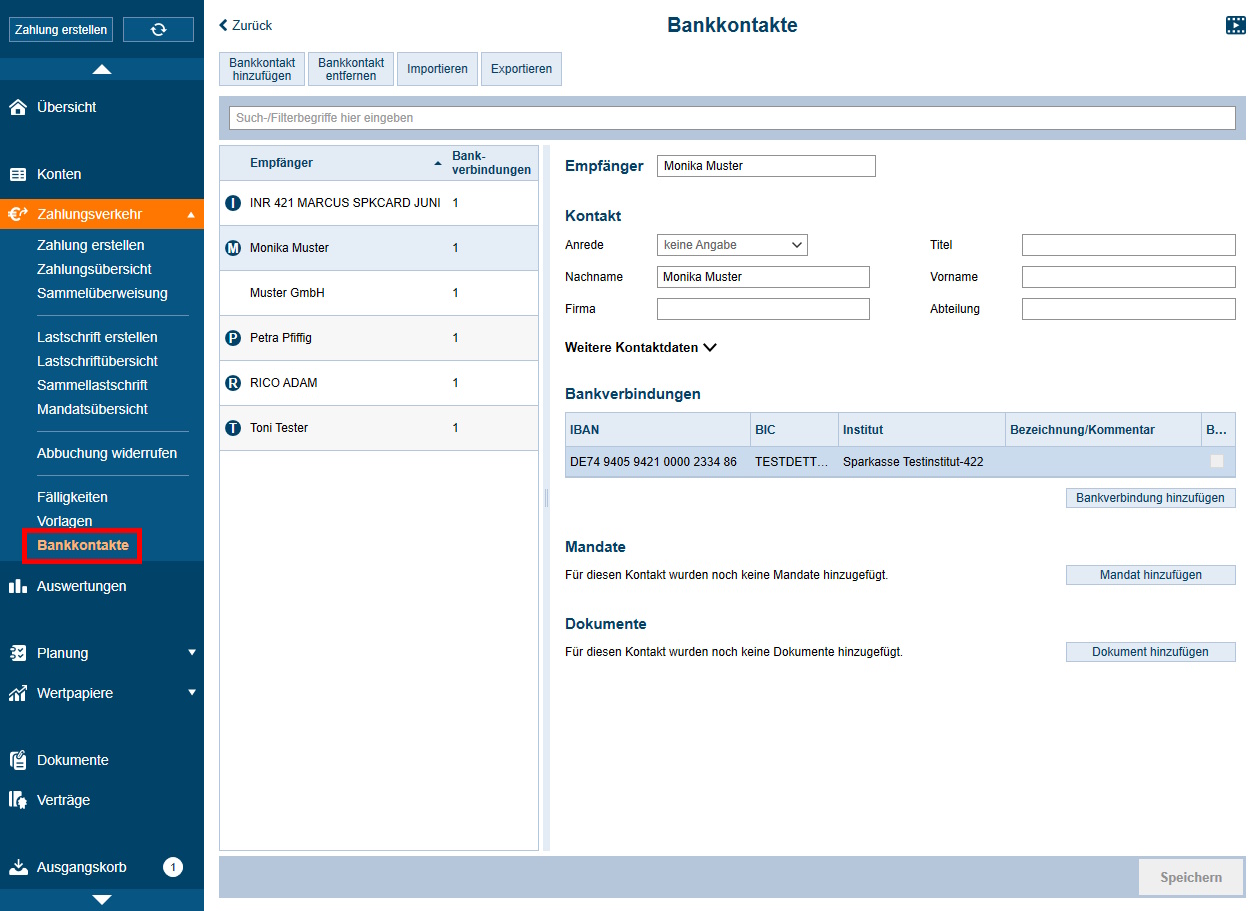 Screenshot Anzeige der Bankkontakte in StarMoney Deluxe