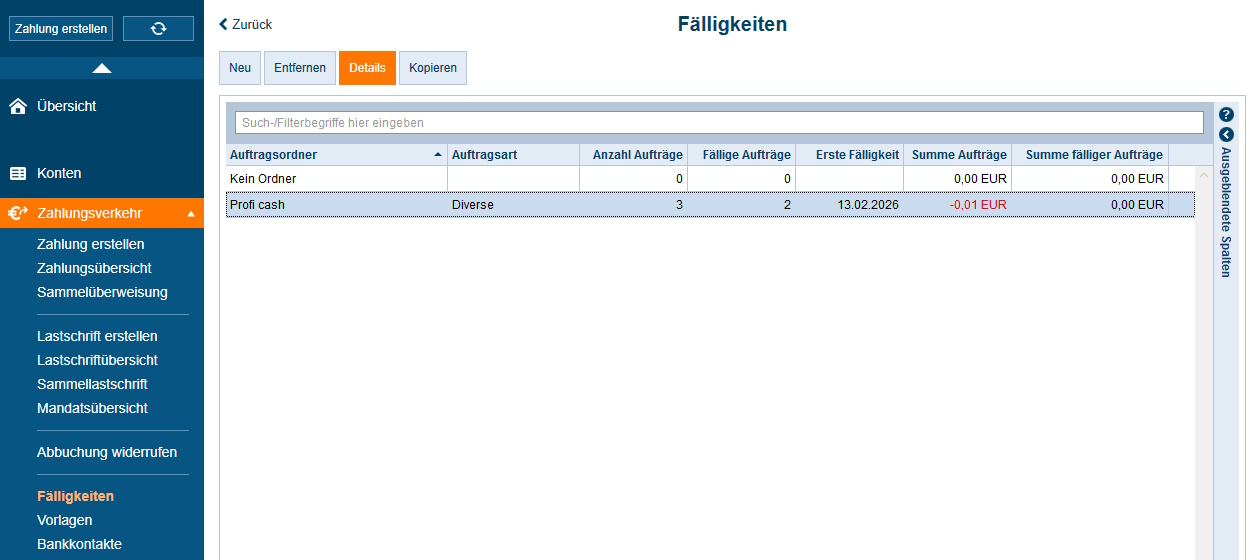 Screenshot Anzeige der Auftragsordner in den Fälligkeiten in StarMoney Deluxe