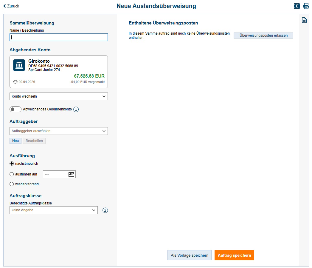 Maske Auslandsüberweisung