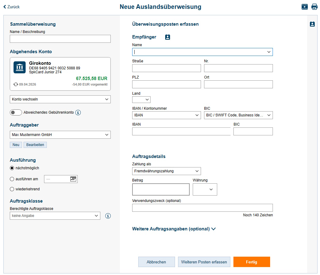 Maske Auslandsüberweisung mit Formular