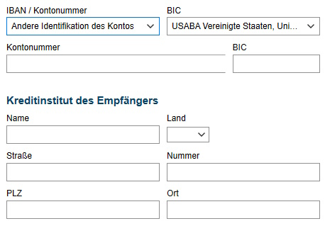 Eingabemaske für die Adresse der Empfängerbank