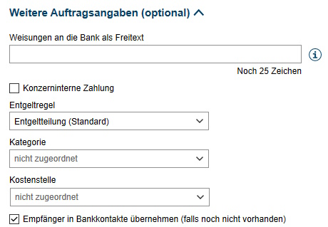 Auswahlmaske Weitere Auftragsangaben (optional)