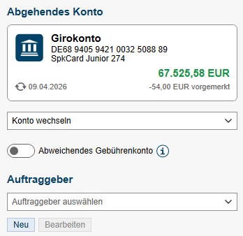 Auswahlmaske "Abgehendes Konto" und "Auftraggeber"