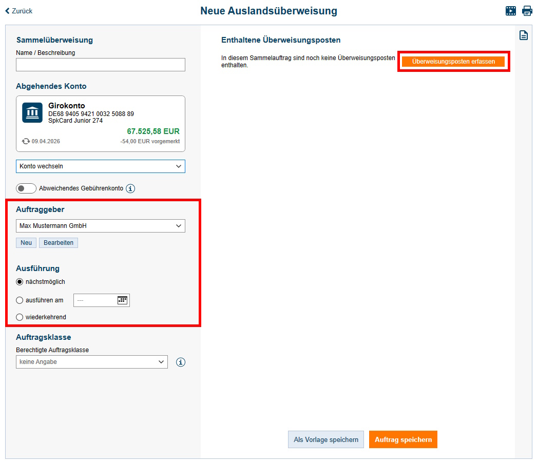 Maske Auslandsüberweisung