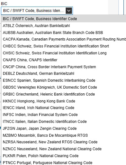 Auswahlmaske spezifischer Bankcode