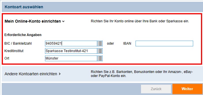 Screenshot_Kontoeinrichtungsassistent_Eingabe Bankleitzahl/BIC